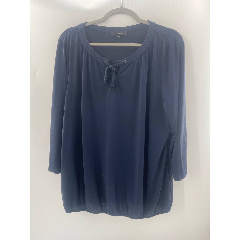 Bonita Navy Blue Lace Up Neck Elastic Hem Long Sleeve Blouse Size 42